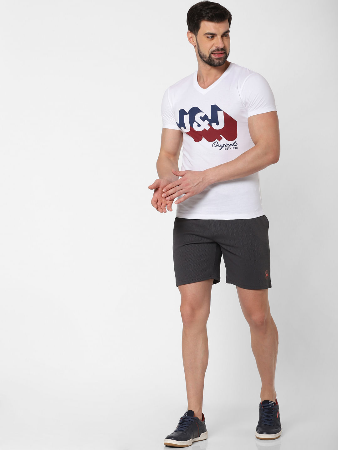 White Logo Print V Neck T-Shirt Online in India - Flat 20% Off - S