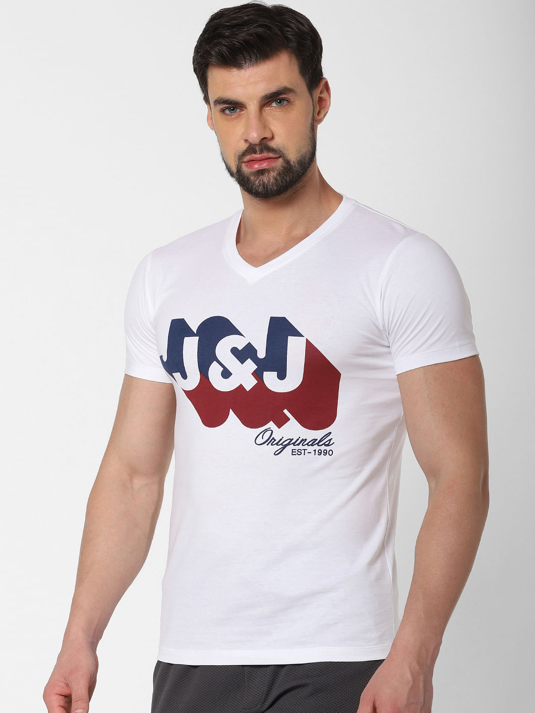 White Logo Print V Neck T-Shirt Online in India - Flat 20% Off