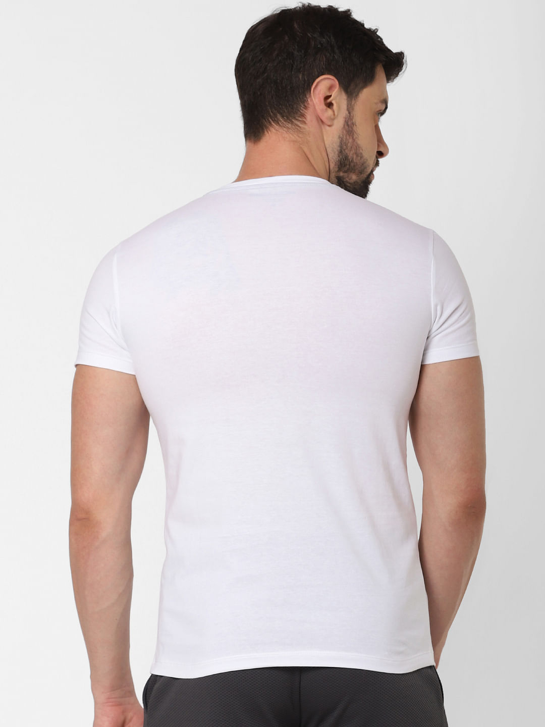 White Logo Print V Neck T-Shirt Online in India - Flat 20% Off