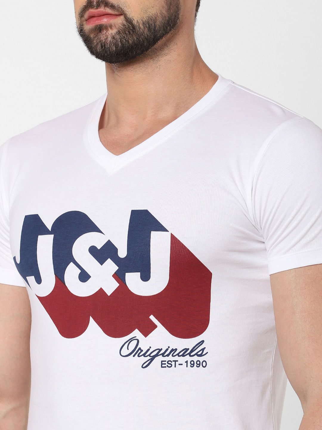 White Logo Print V Neck T-Shirt Online in India - Flat 20% Off