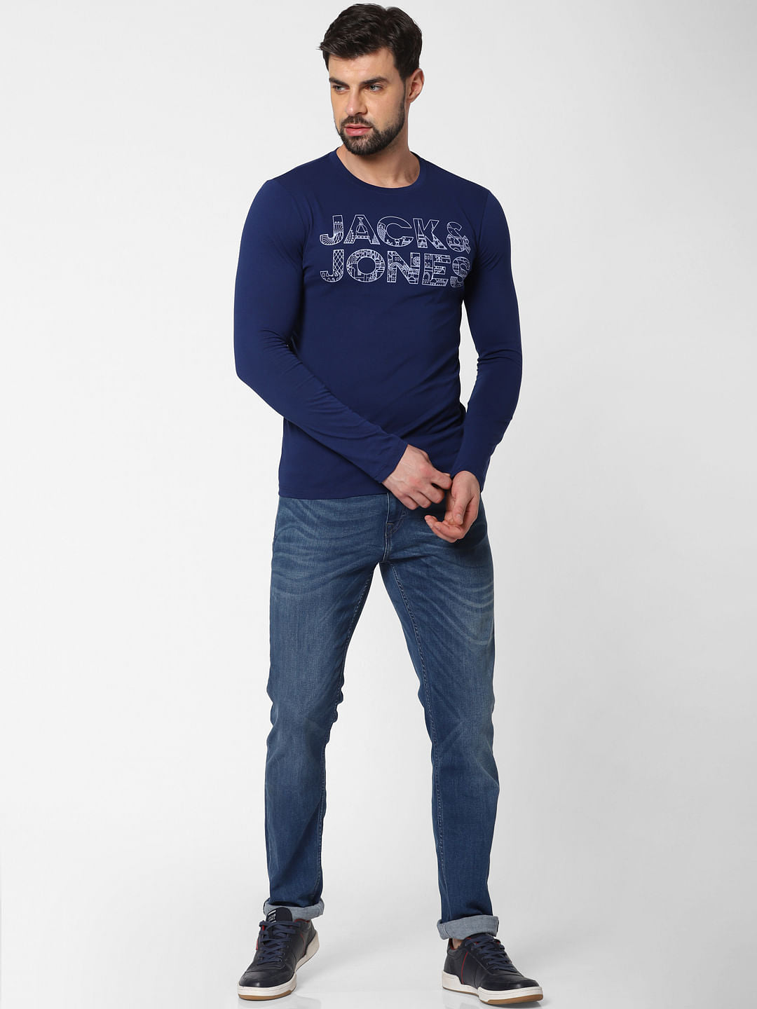 Dark Blue Logo Print Crew Neck T-Shirt Online in India - Flat 20% Off - S