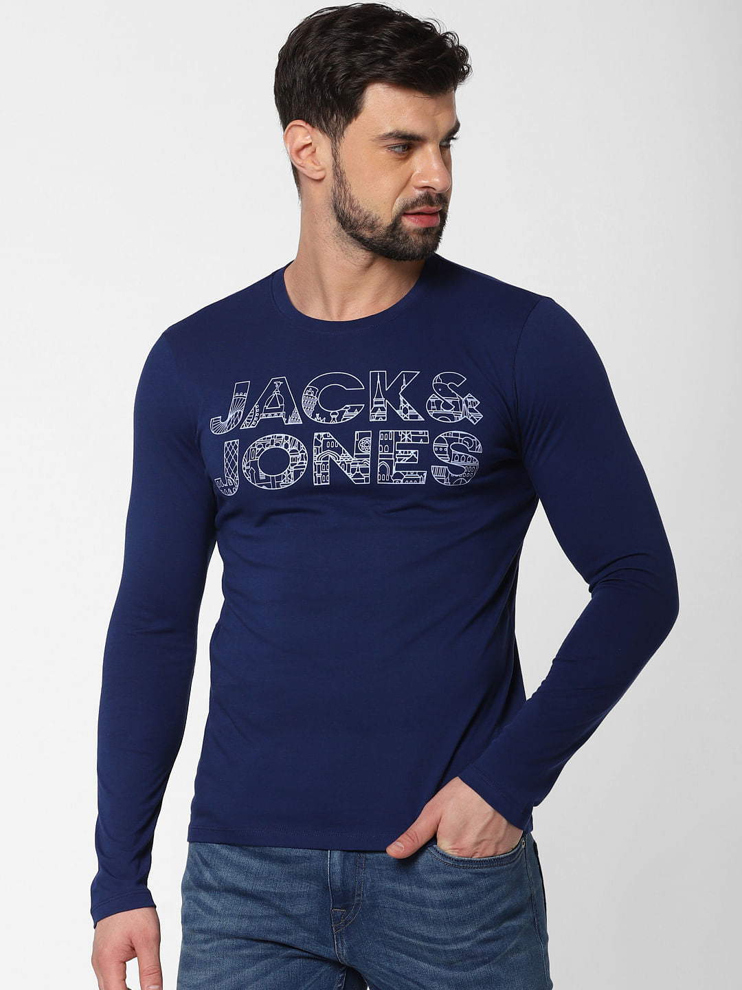 Dark Blue Logo Print Crew Neck T-Shirt Online in India - Flat 20% Off