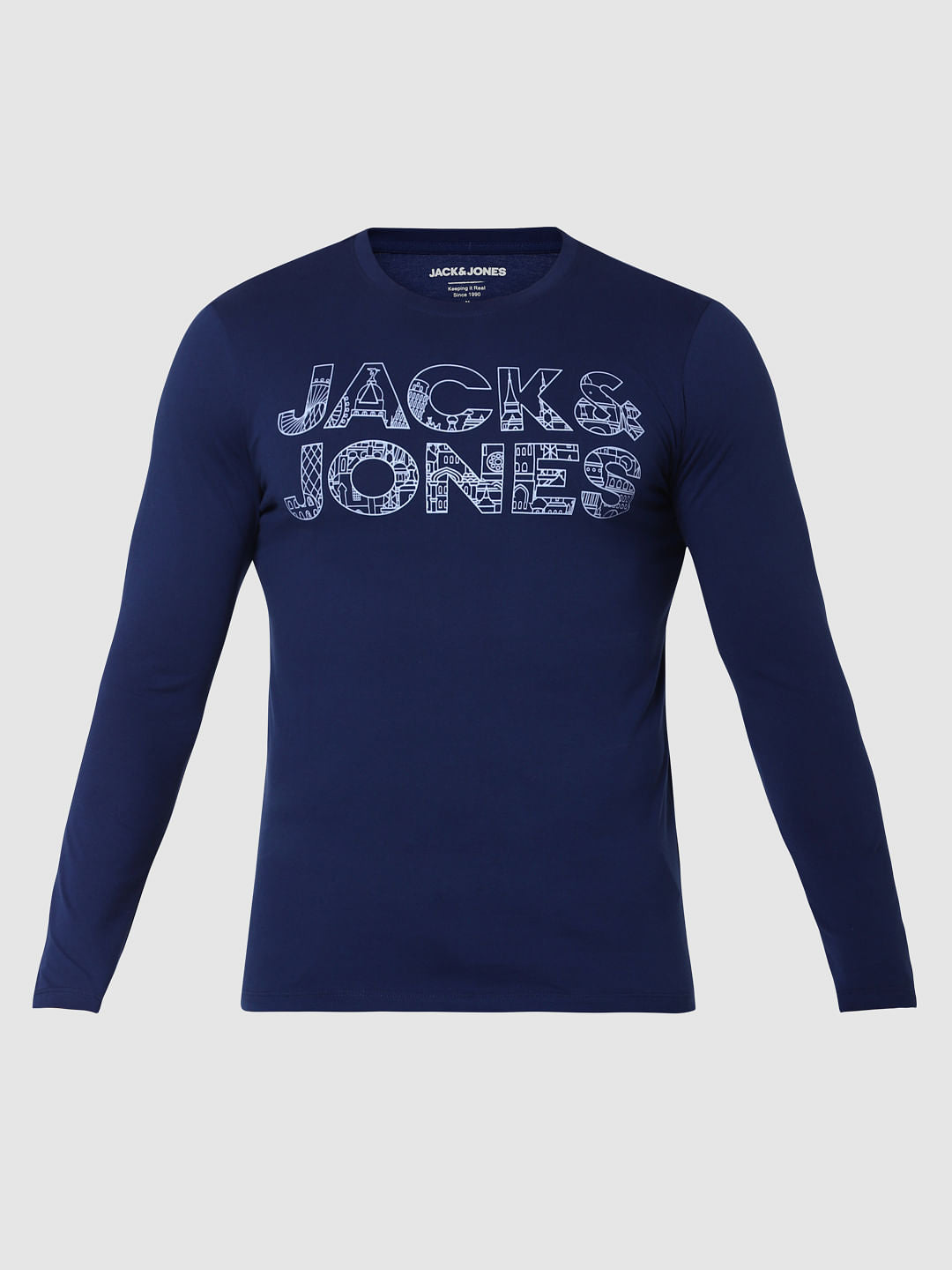 Dark Blue Logo Print Crew Neck T-Shirt Online in India - Flat 20% Off