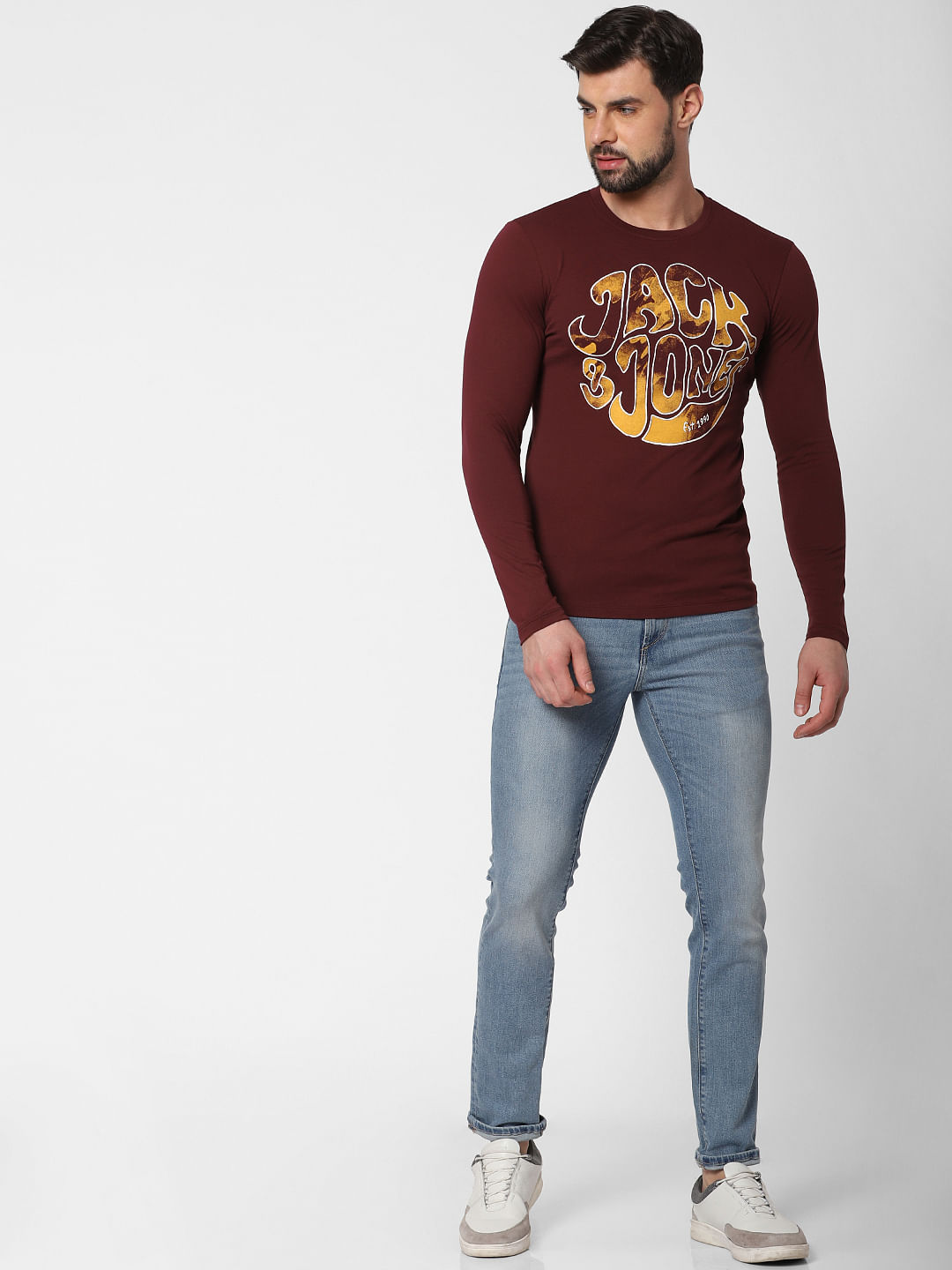 Burgundy Logo Print Crew Neck T-Shirt Online in India - Flat 20% Off - S