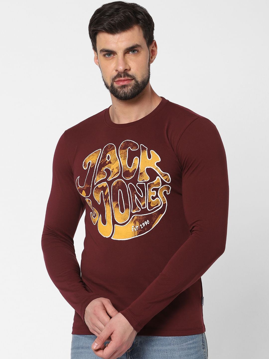 Burgundy Logo Print Crew Neck T-Shirt Online in India - Flat 20% Off