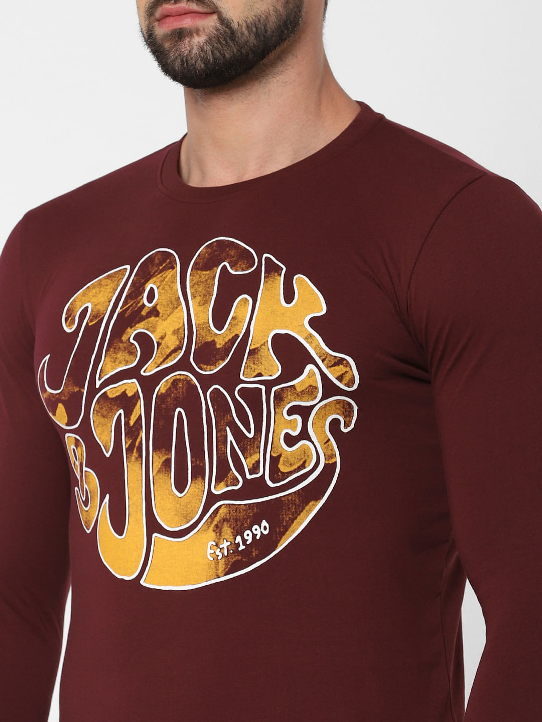 Burgundy Logo Print Crew Neck T-Shirt Online in India - Flat 20% Off