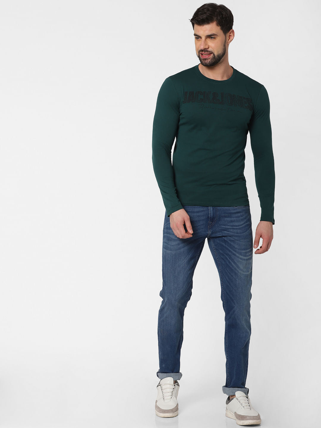 Dark Green Logo Print Crew Neck T-Shirt Online in India - Flat 20% Off - S