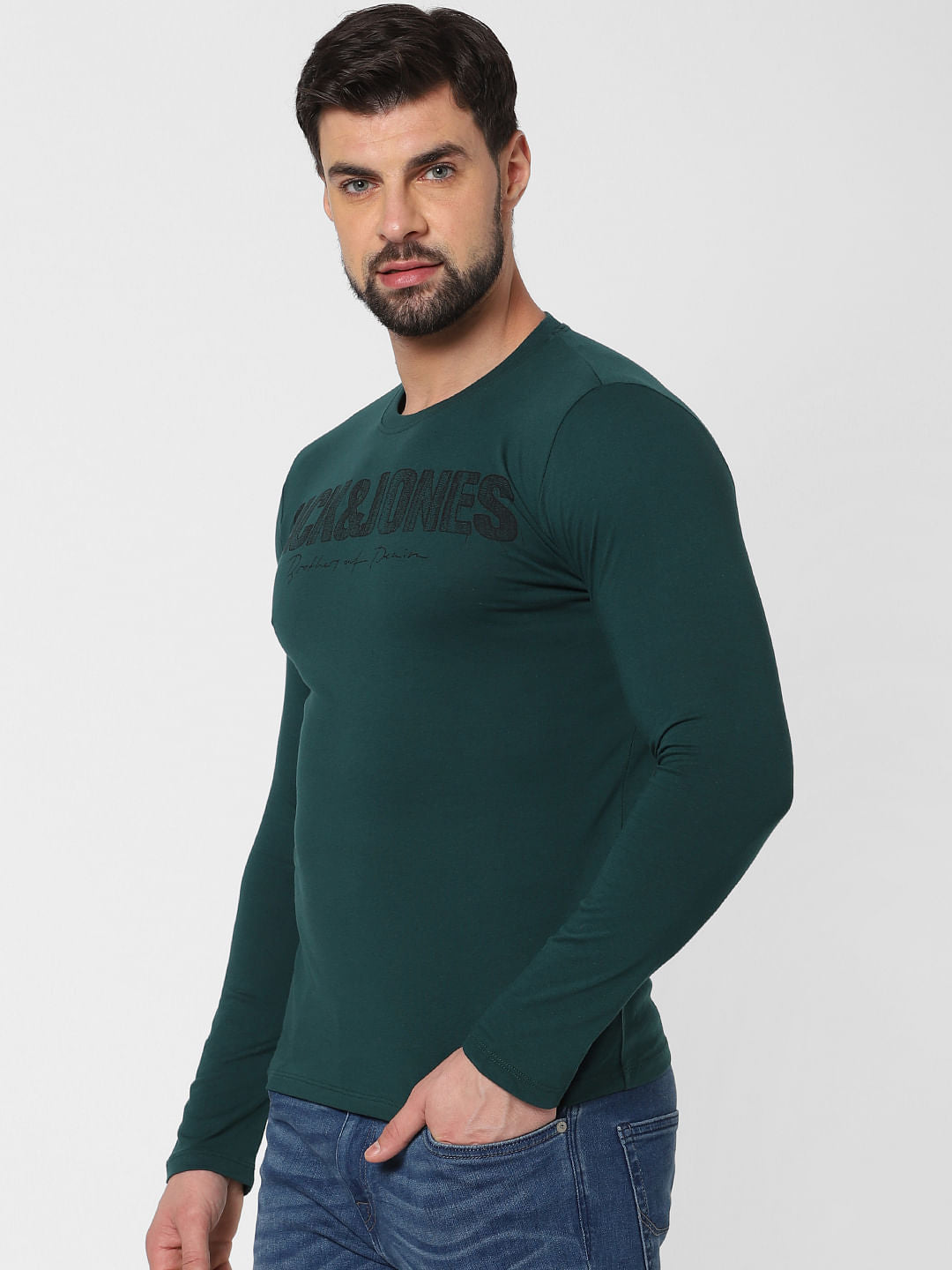 Dark Green Logo Print Crew Neck T-Shirt Online in India - Flat 20% Off