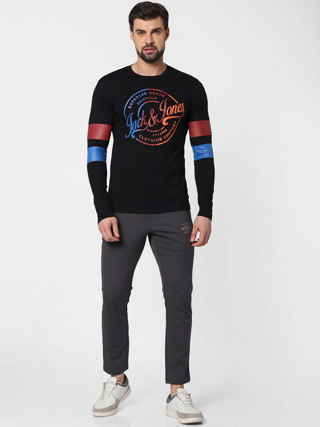 Black Logo Print Full Sleeves Crew Neck T-shirt - M