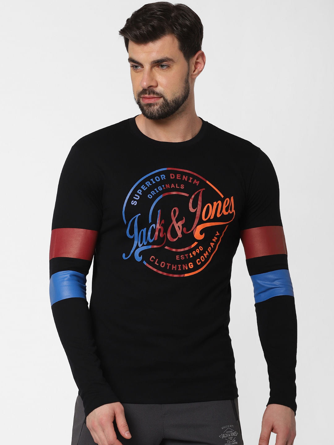 Black Logo Print Full Sleeves Crew Neck T-shirt