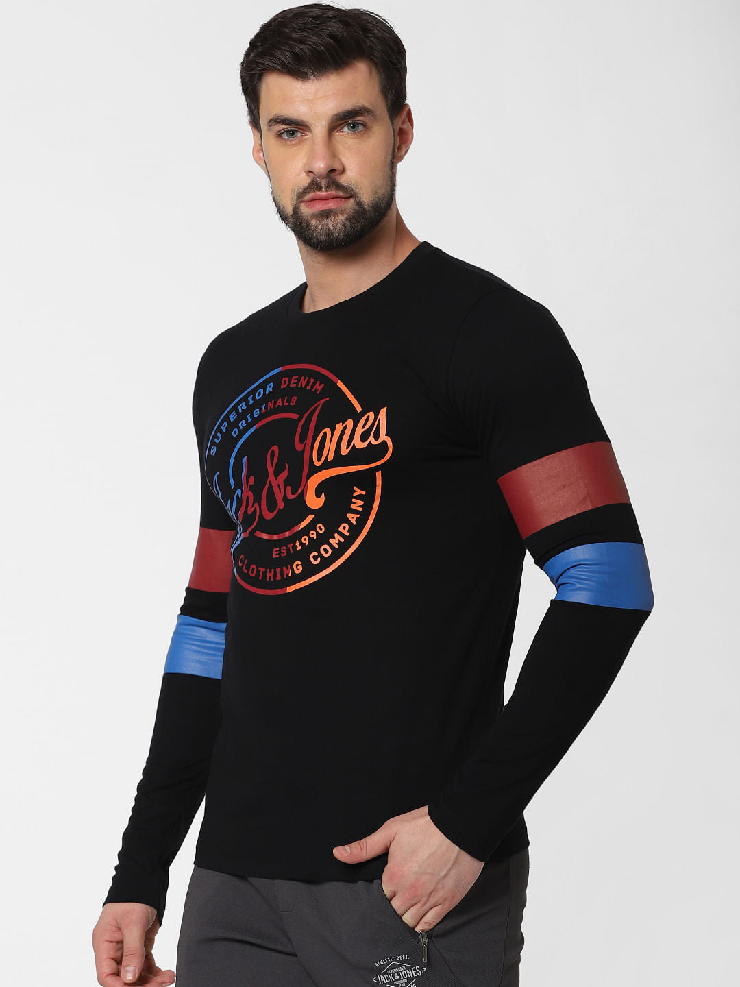 Black Logo Print Full Sleeves Crew Neck T-shirt