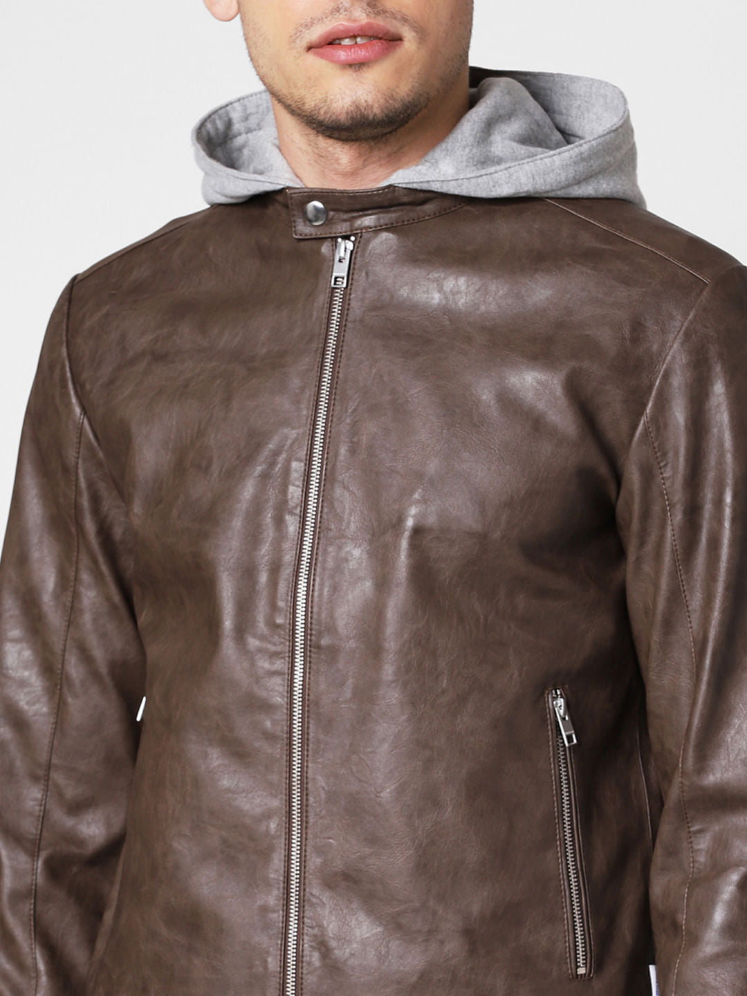 Brown Hooded PU Jacket