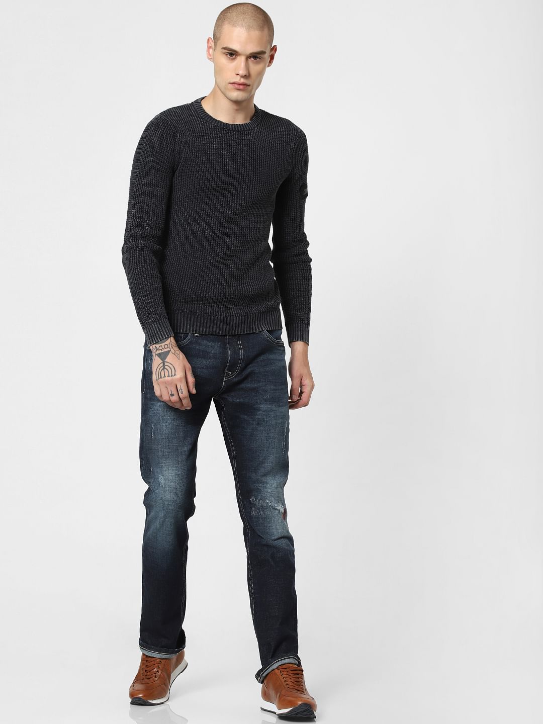 Dark Blue Mid Rise Distressed Regular Fit Jeans - 28/30