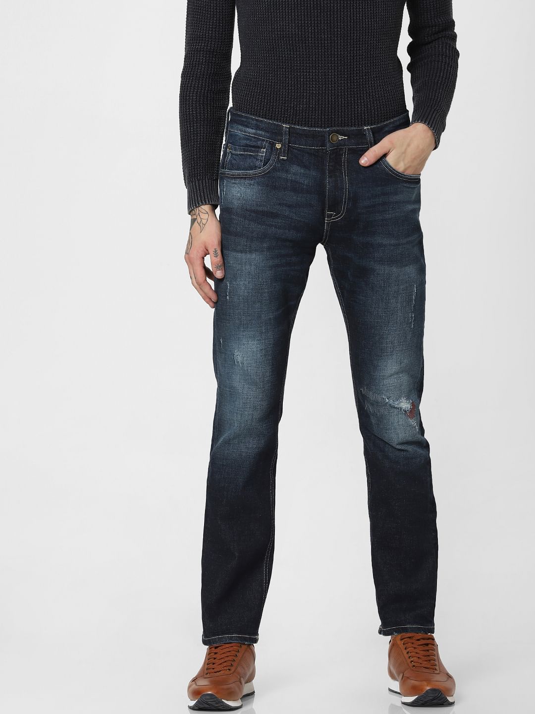 Dark Blue Mid Rise Distressed Regular Fit Jeans
