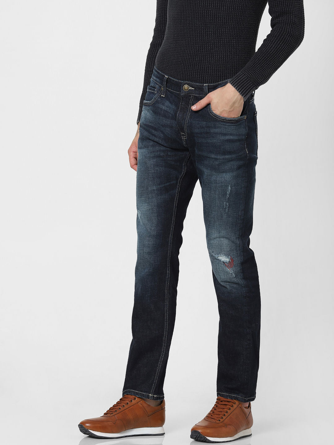 Dark Blue Mid Rise Distressed Regular Fit Jeans