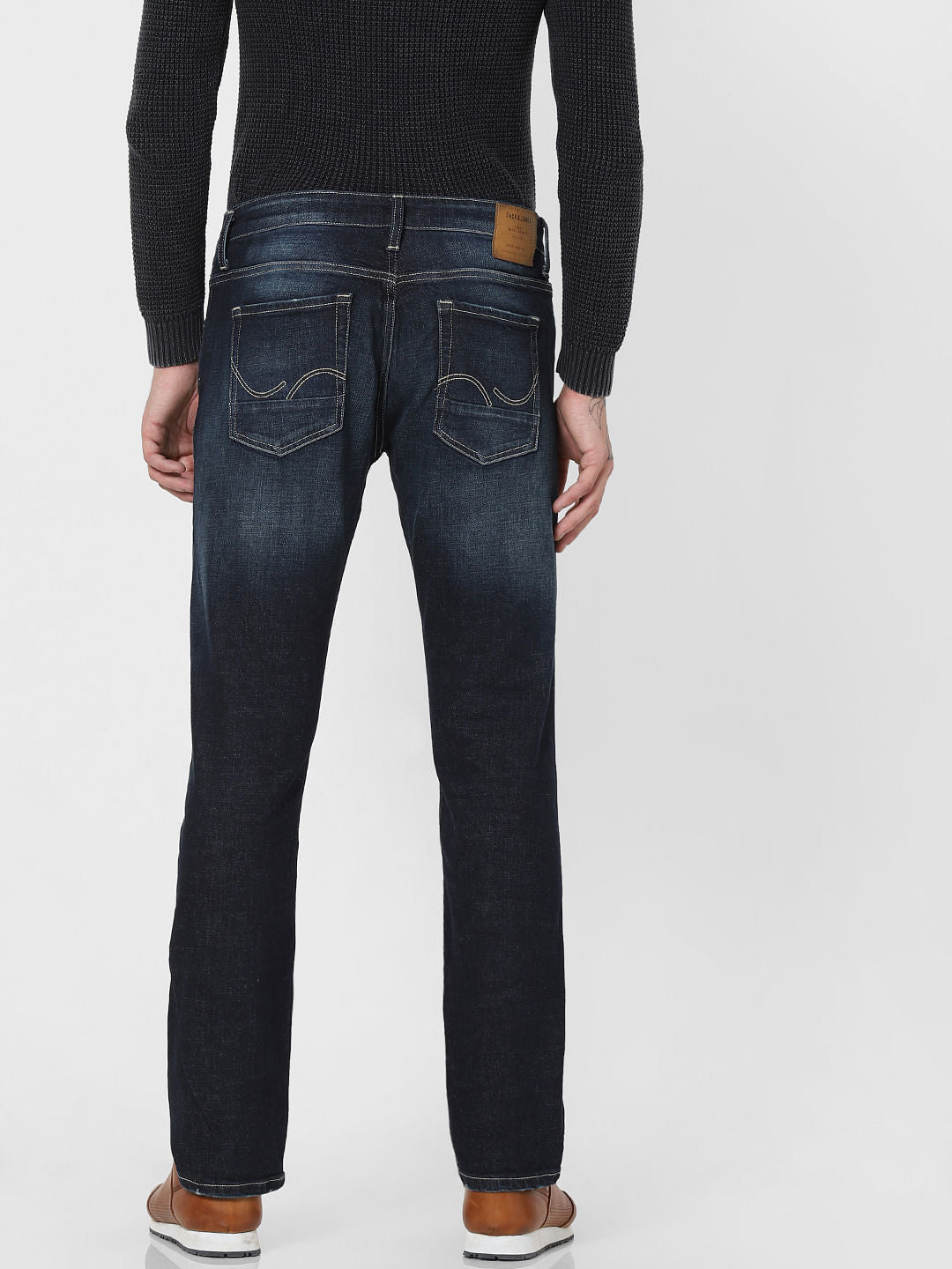 Dark Blue Mid Rise Distressed Regular Fit Jeans