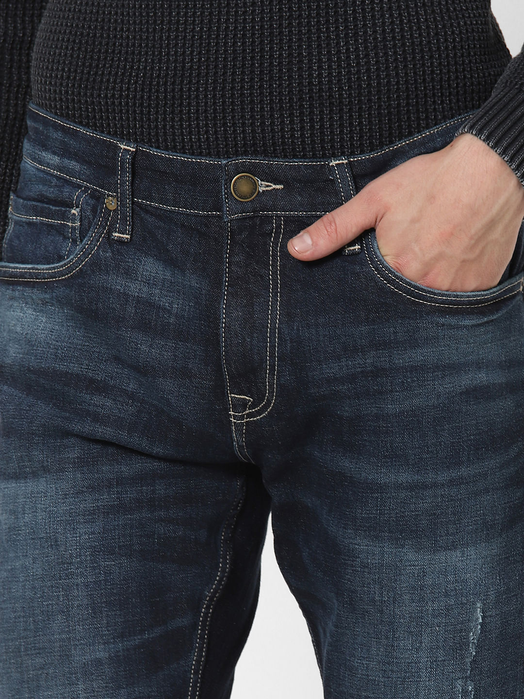Dark Blue Mid Rise Distressed Regular Fit Jeans