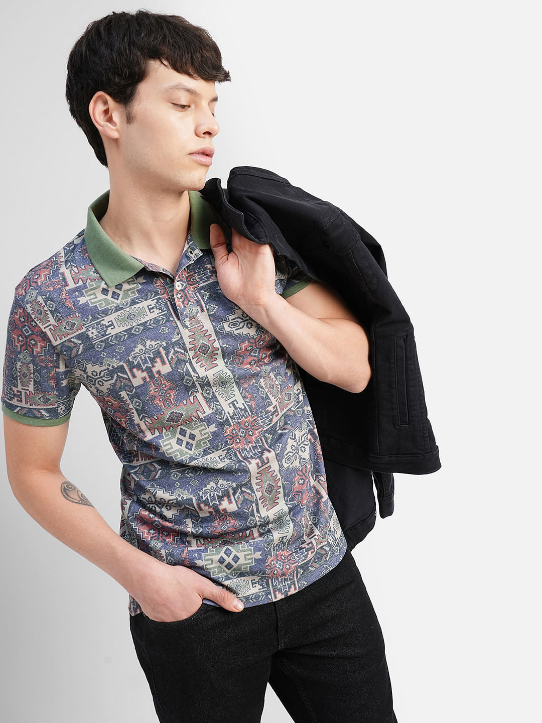 Green Abstract Print Polo Neck T-shirt - S