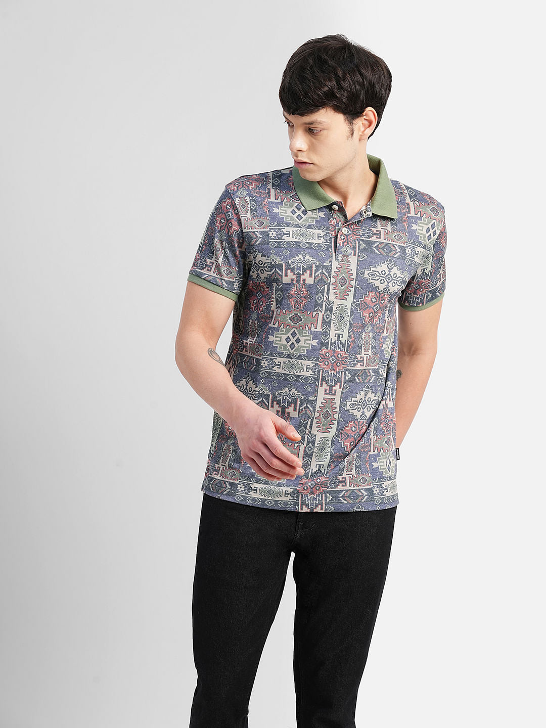 Green Abstract Print Polo Neck T-shirt