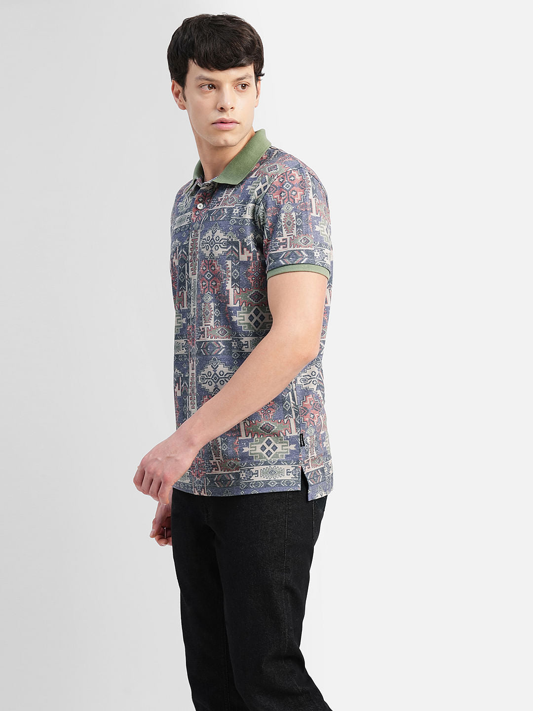 Green Abstract Print Polo Neck T-shirt