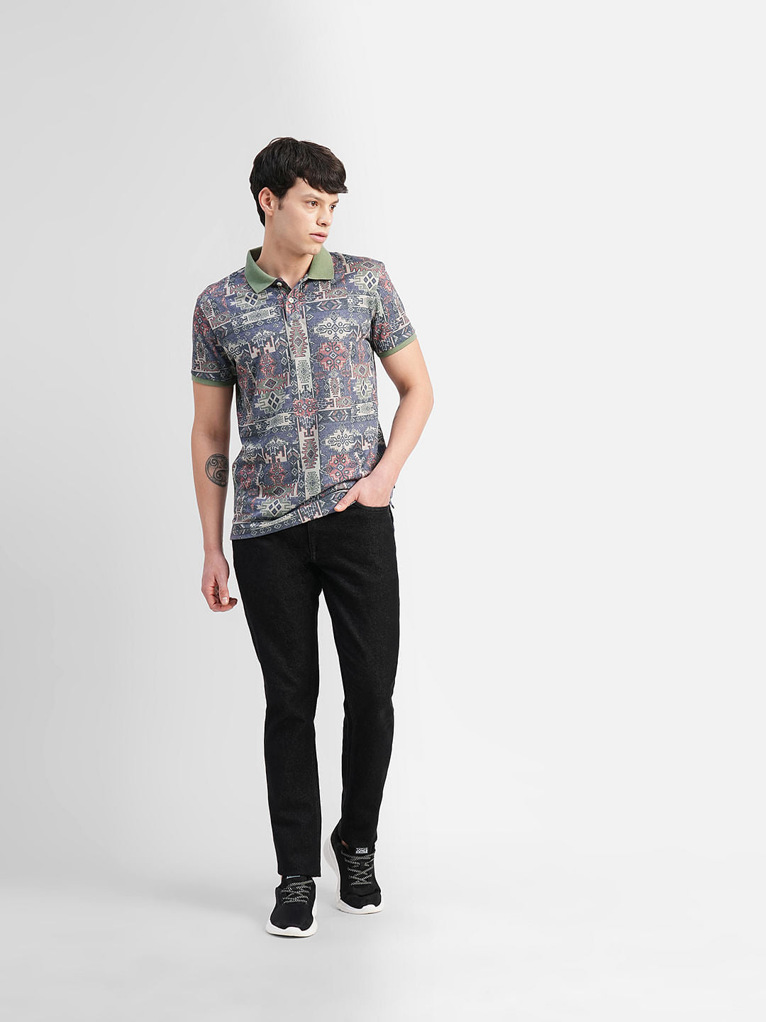 Green Abstract Print Polo Neck T-shirt