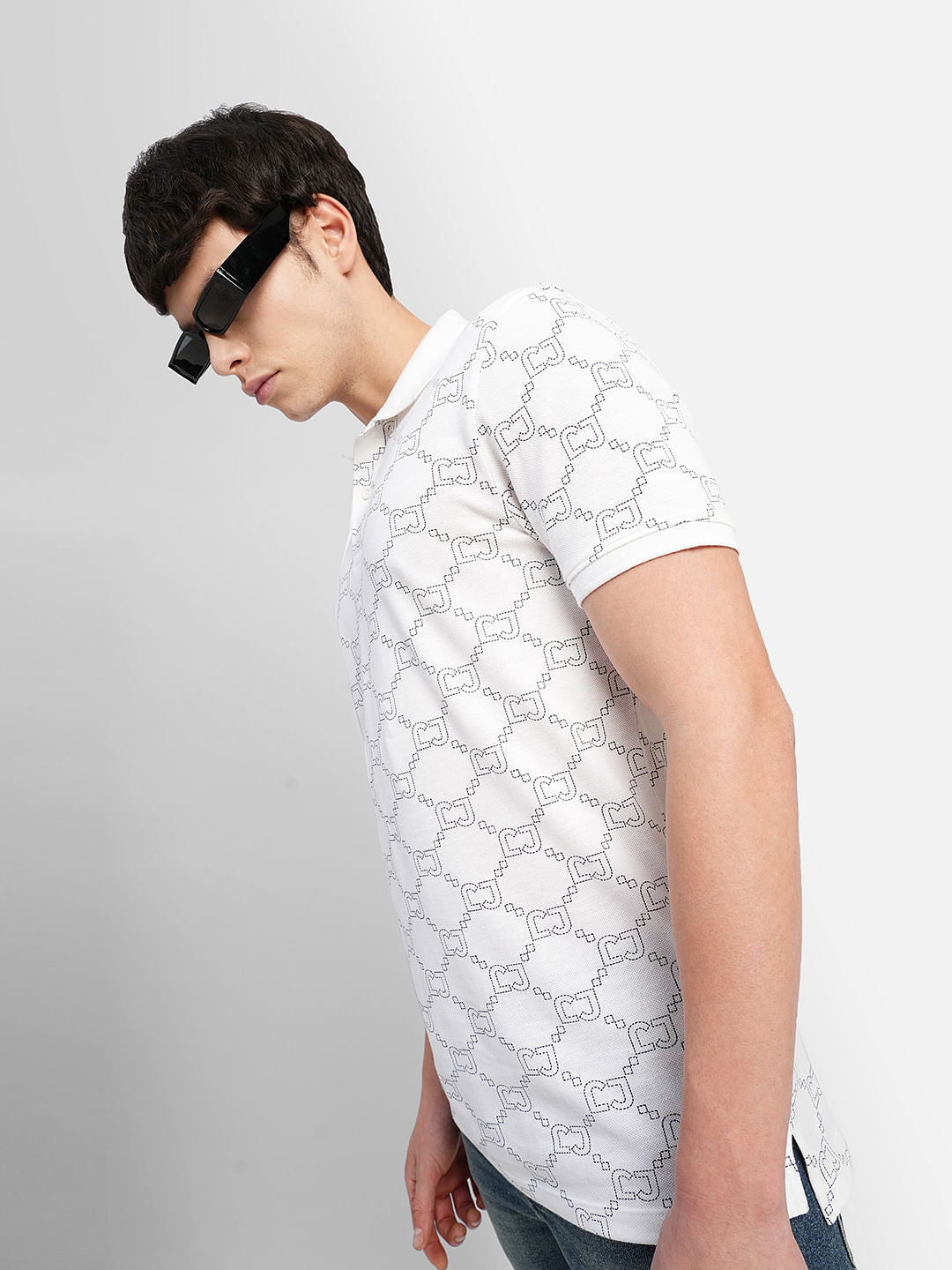 White All Over Print Polo Neck T-shirt - S