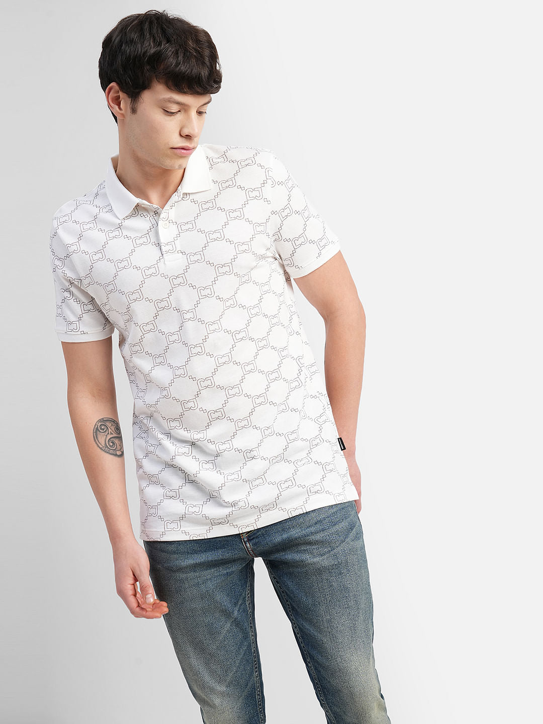 White All Over Print Polo Neck T-shirt