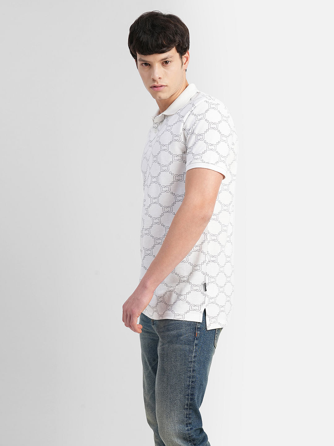 White All Over Print Polo Neck T-shirt