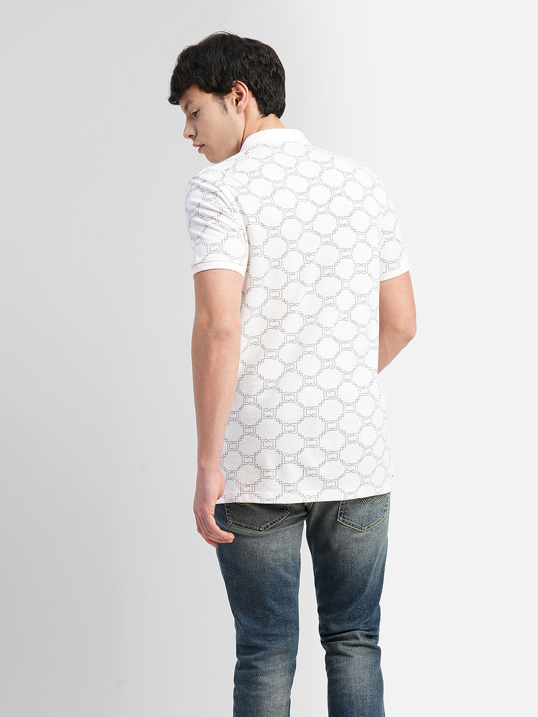 White All Over Print Polo Neck T-shirt