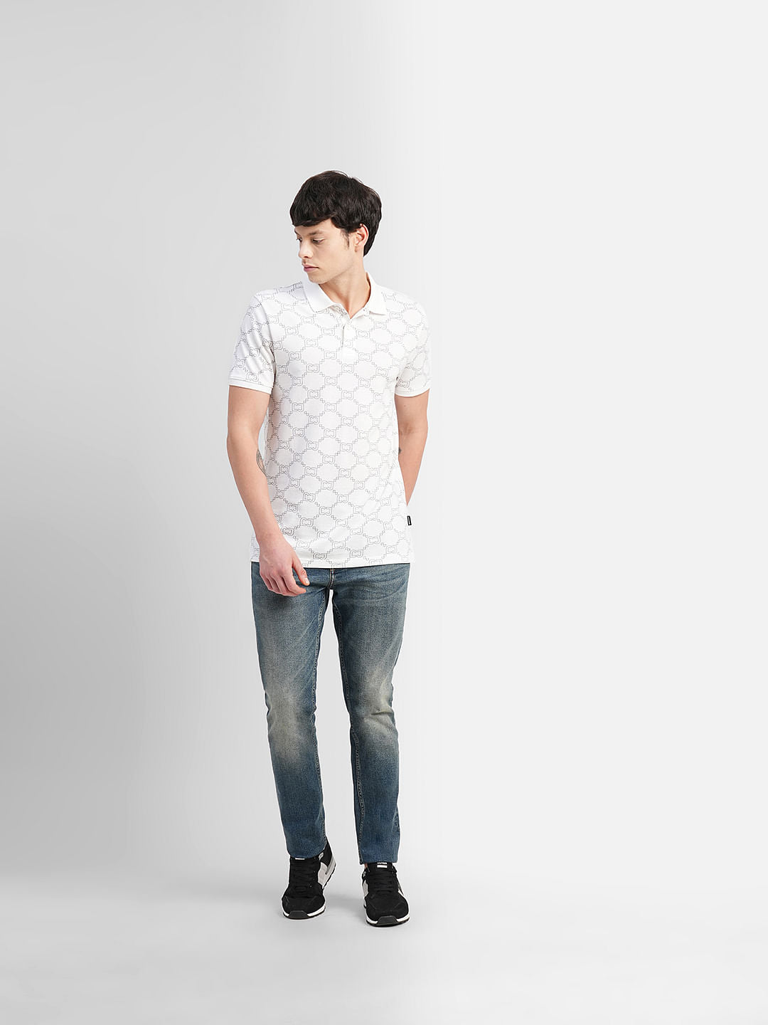 White All Over Print Polo Neck T-shirt