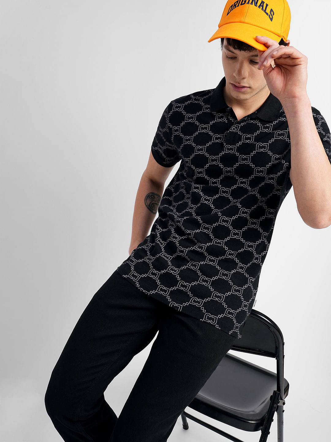 Black All Over Print Polo Neck T-shirt
