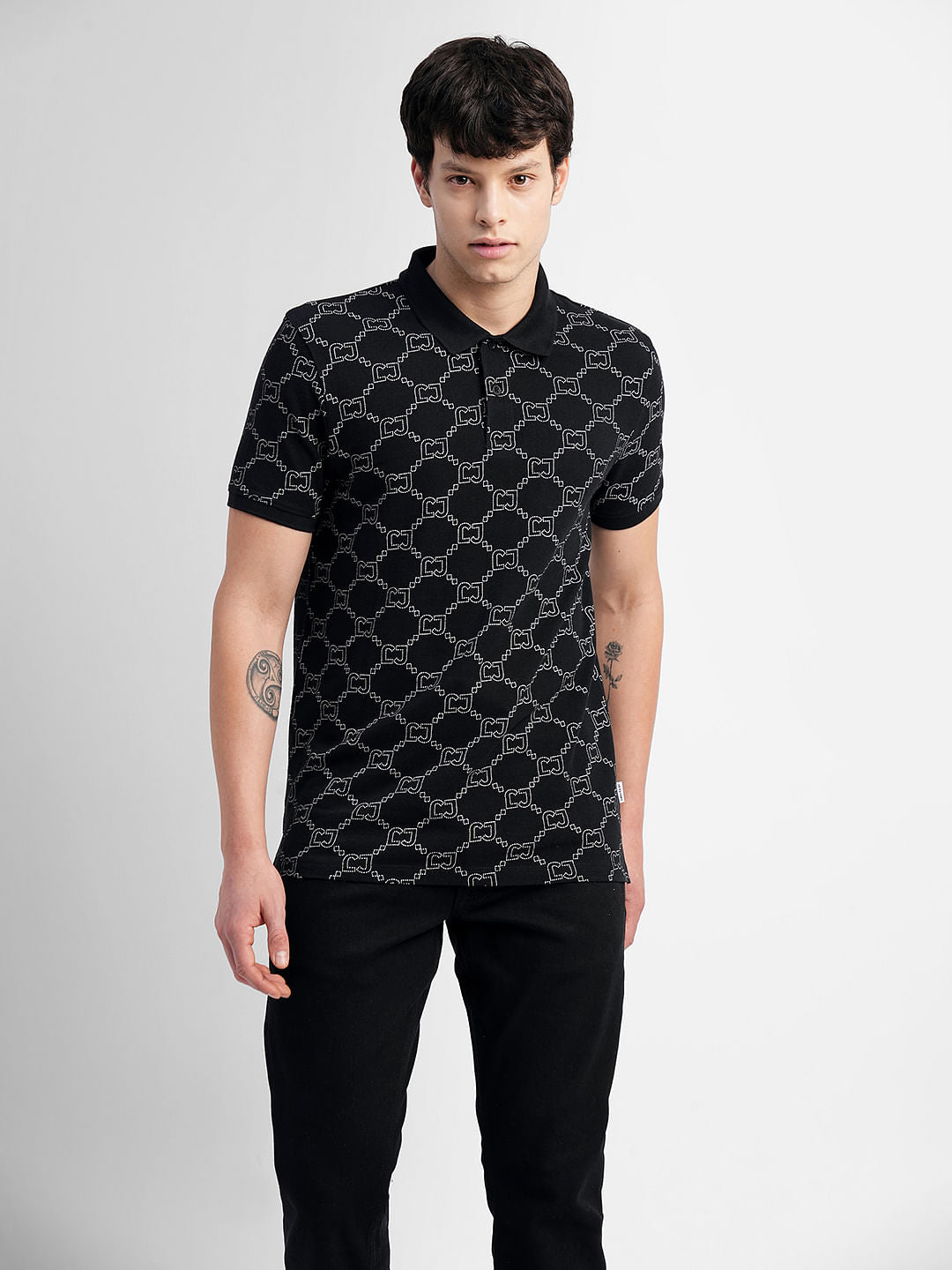 Black All Over Print Polo Neck T-shirt