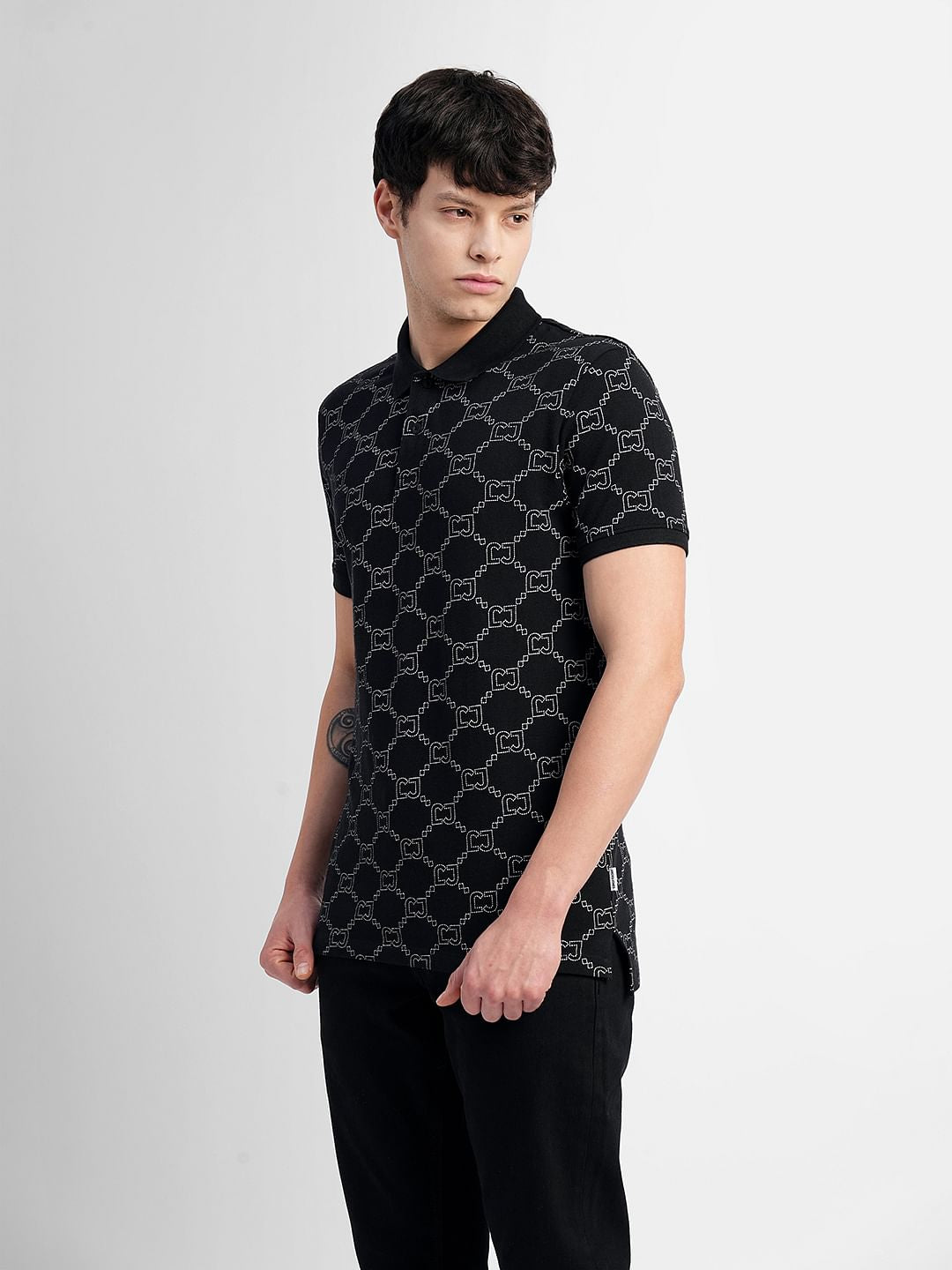 Black All Over Print Polo Neck T-shirt