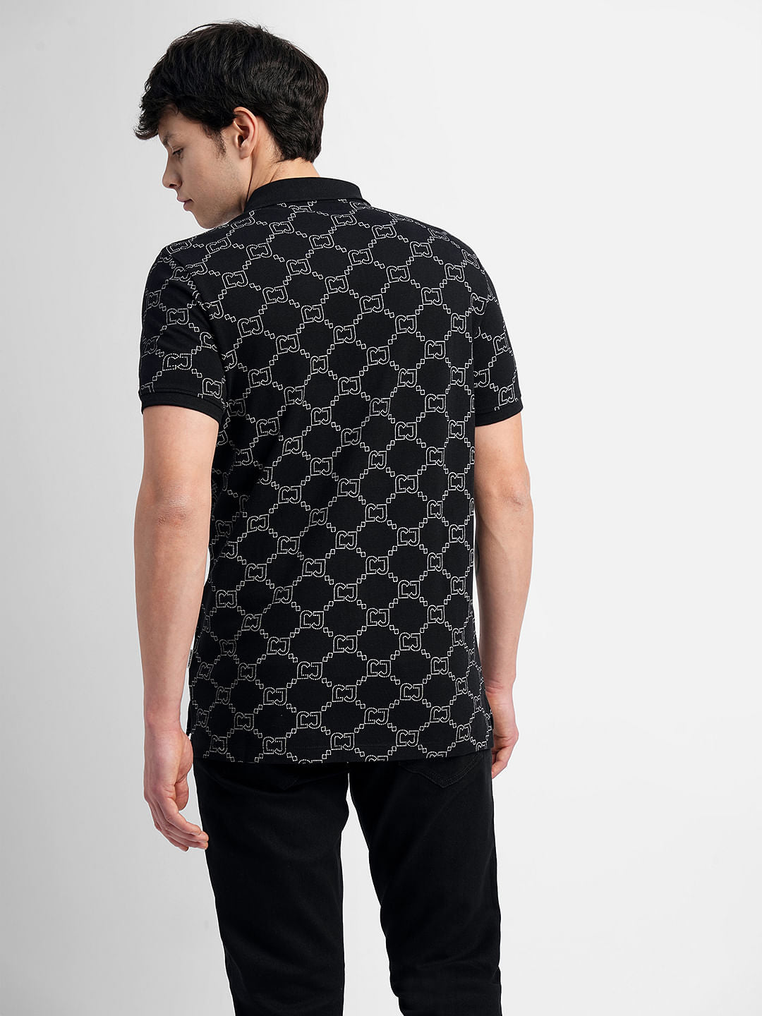 Black All Over Print Polo Neck T-shirt