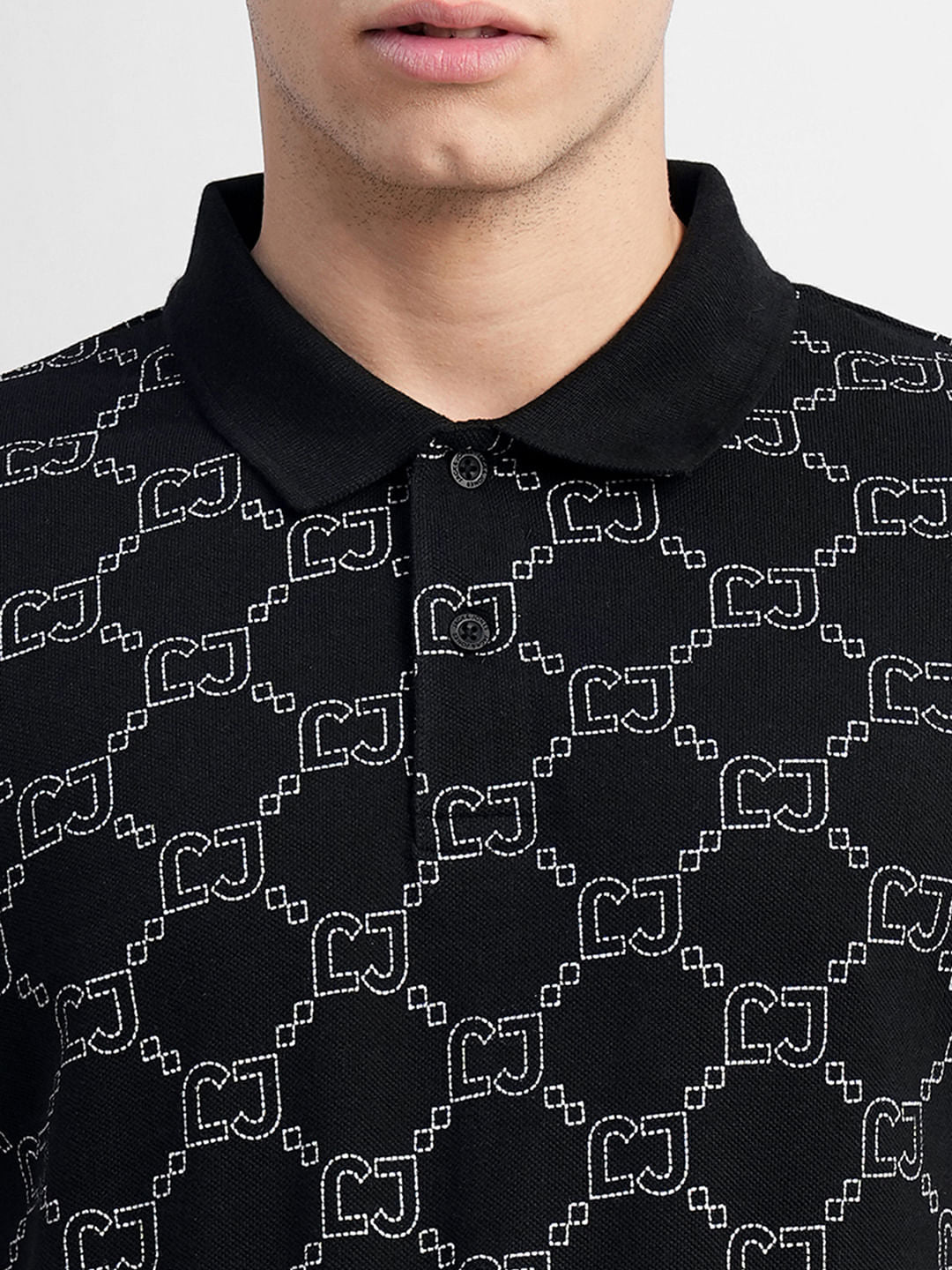 Black All Over Print Polo Neck T-shirt
