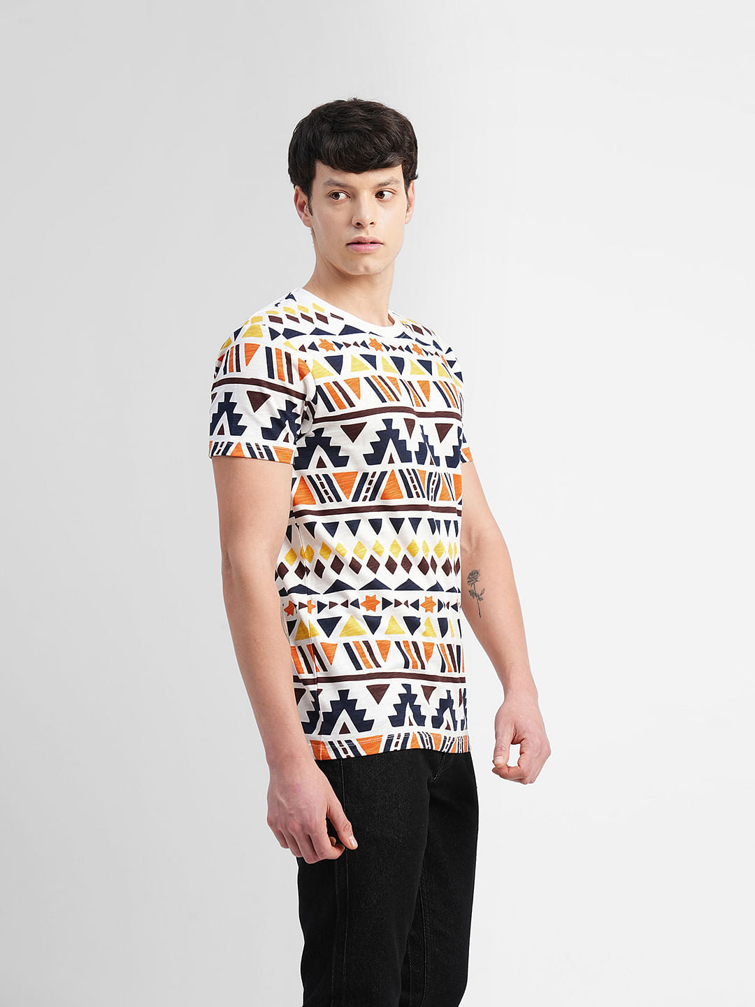White Abstract Print Crew Neck T-shirt