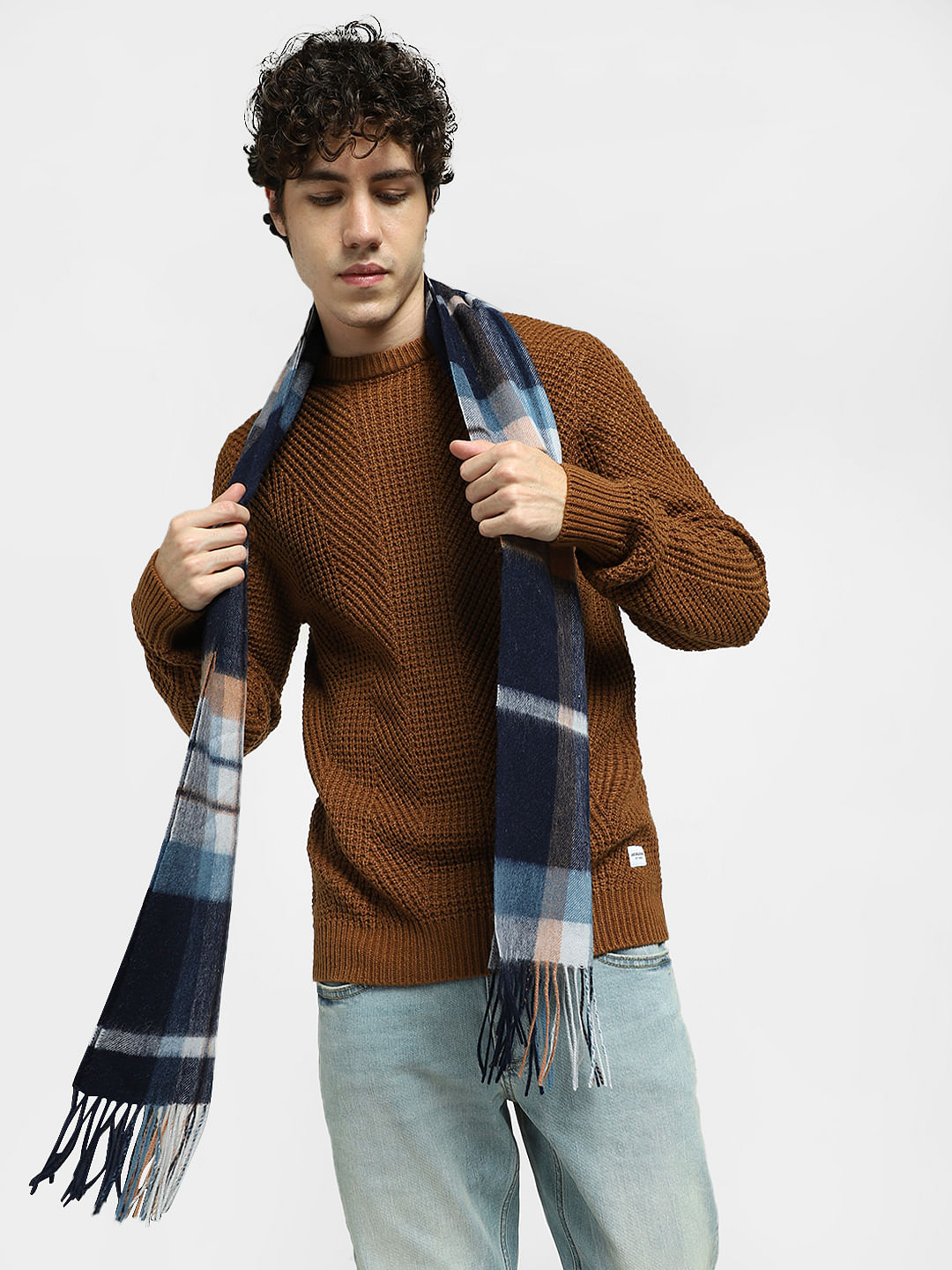 Navy Blue Check Woven Scarf - ONE