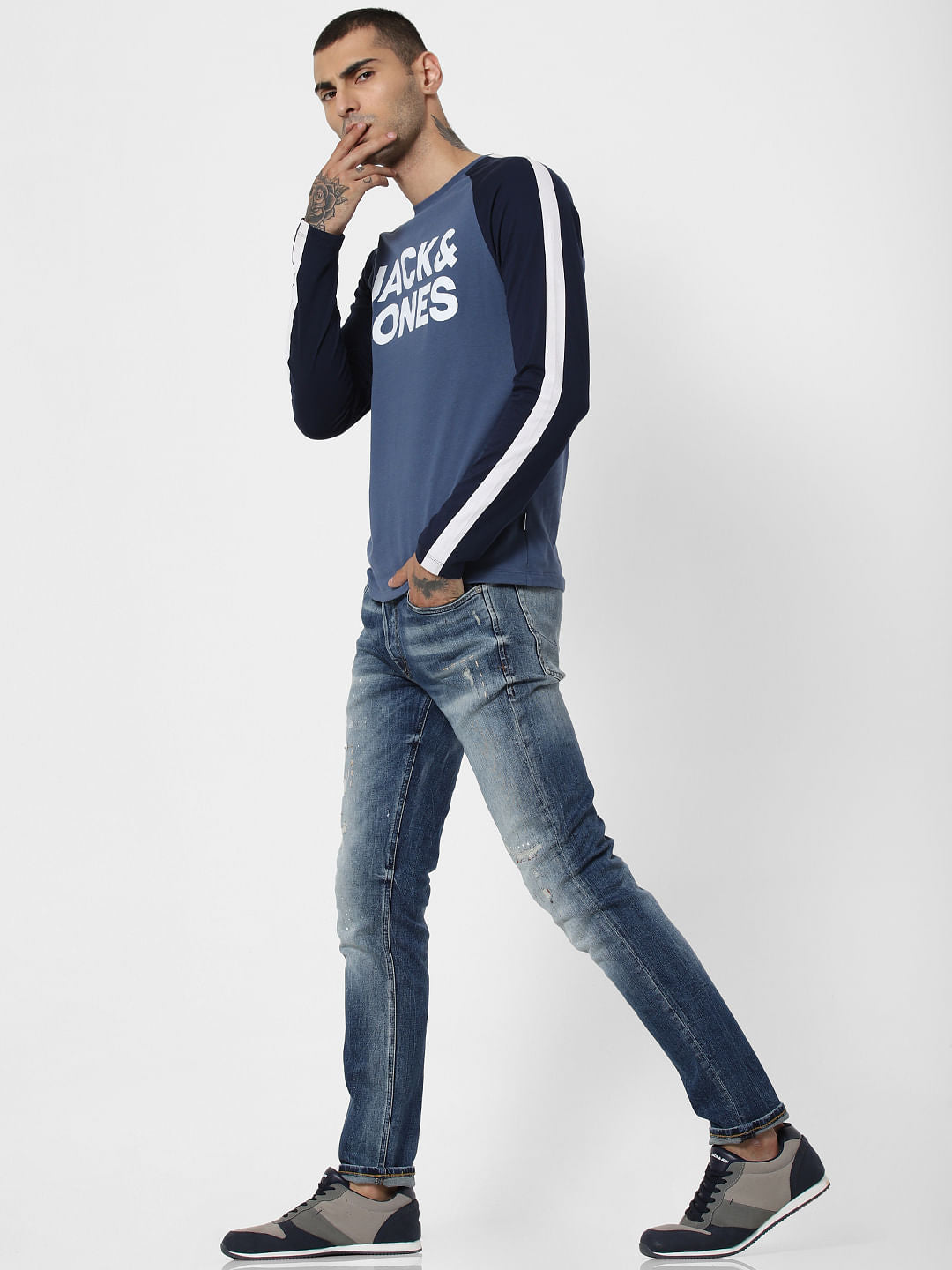 Blue Colourblocked Crew Neck T-Shirt