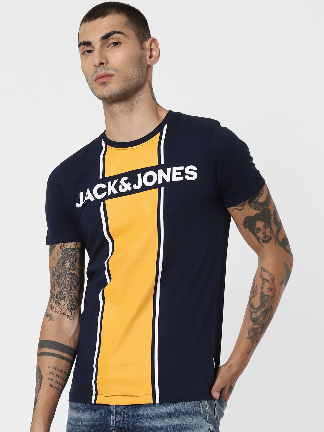 Navy Blue Colourblocked Crew Neck T-Shirt