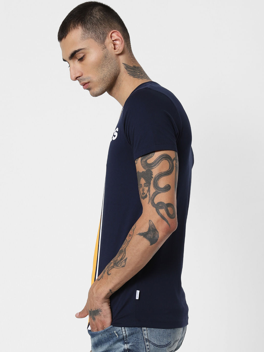 Navy Blue Colourblocked Crew Neck T-Shirt