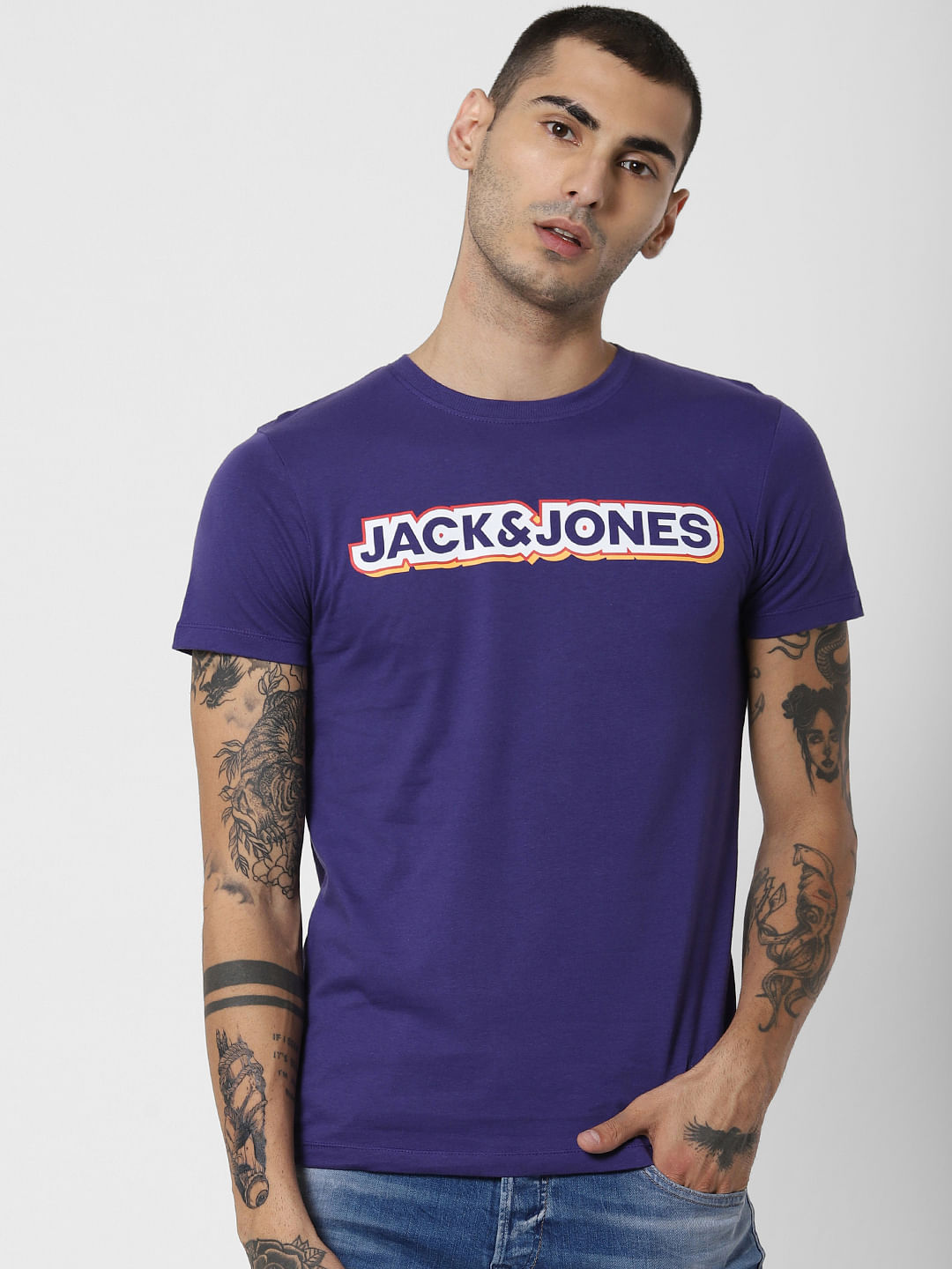 Purple Logo Print Crew Neck T-Shirt