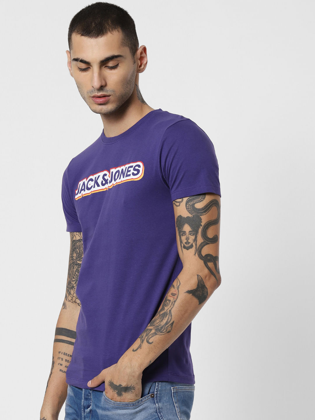 Purple Logo Print Crew Neck T-Shirt