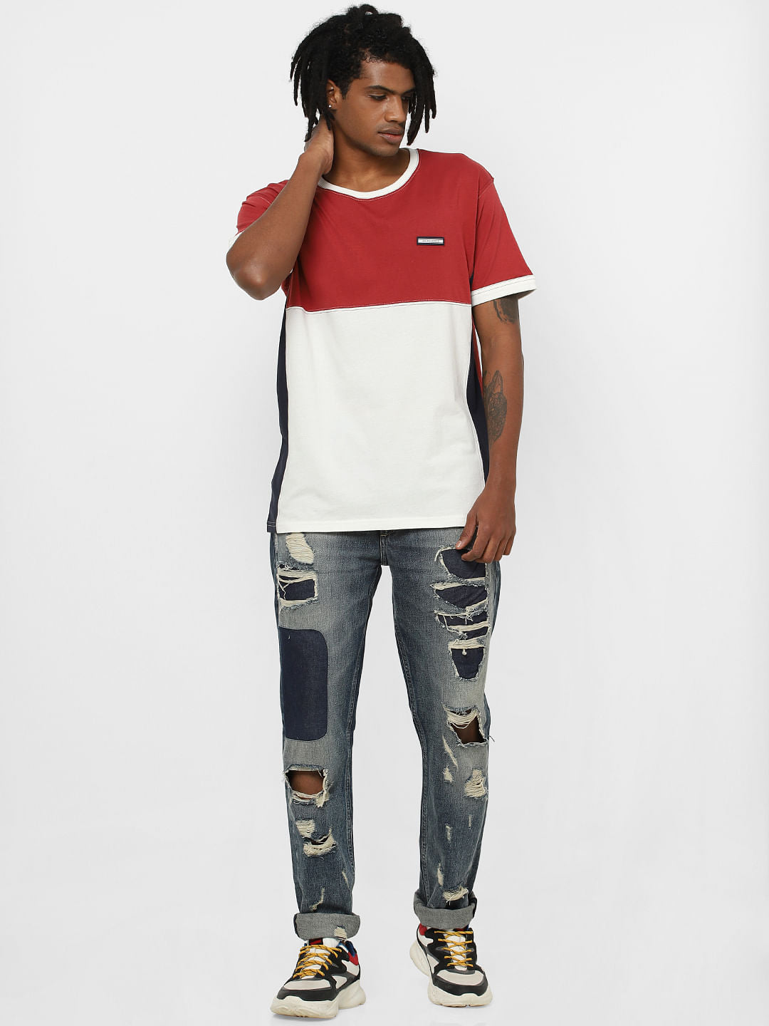 Red Colourblocked Crew Neck T-shirt - S