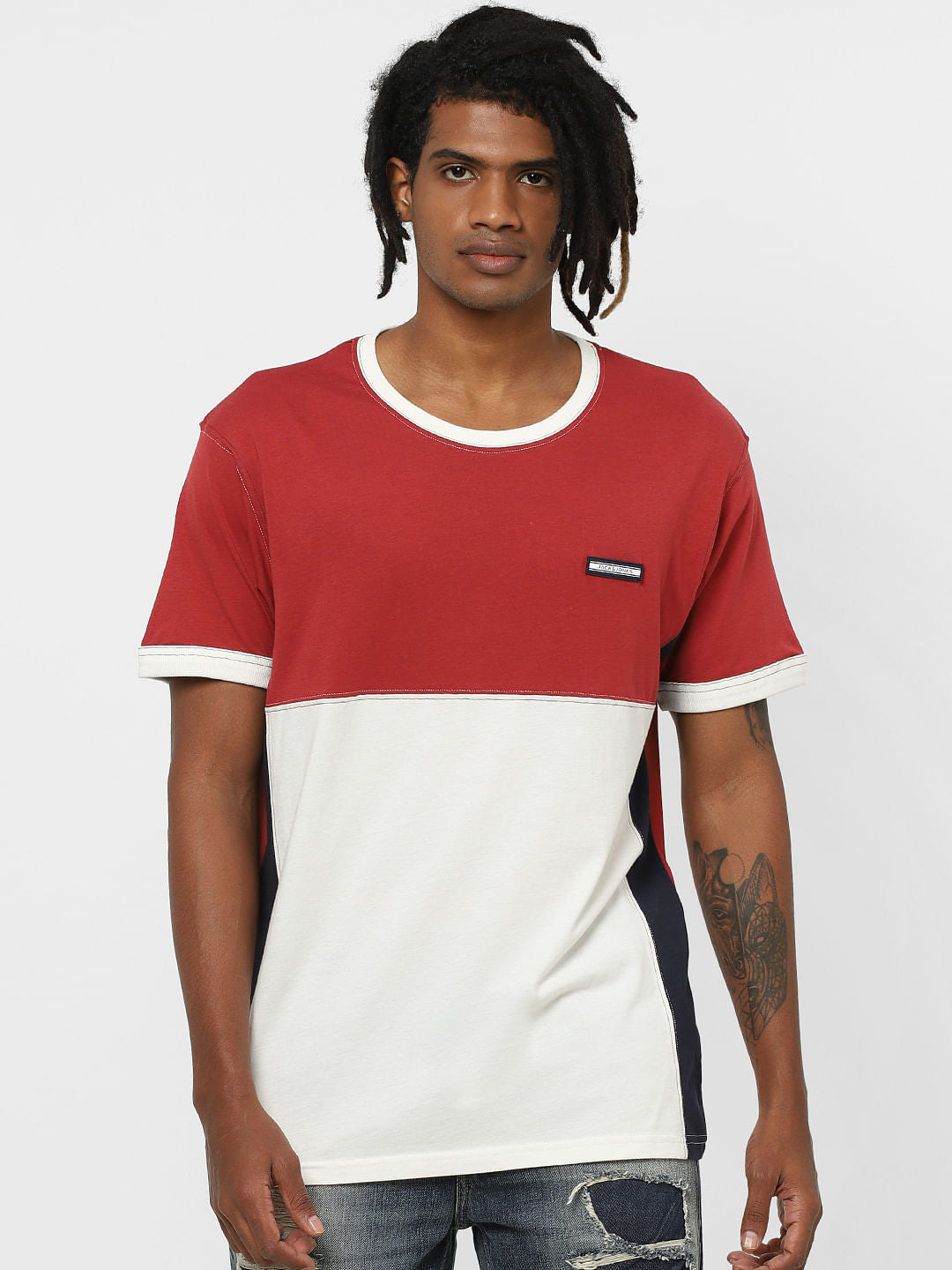 Red Colourblocked Crew Neck T-shirt