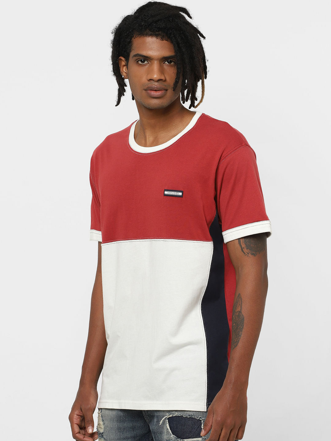 Red Colourblocked Crew Neck T-shirt