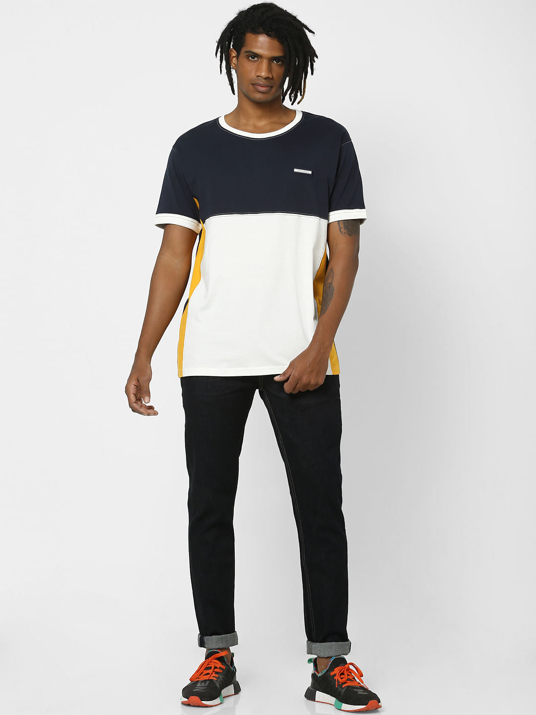 Navy Blue Colourblocked Crew Neck T-shirt - S