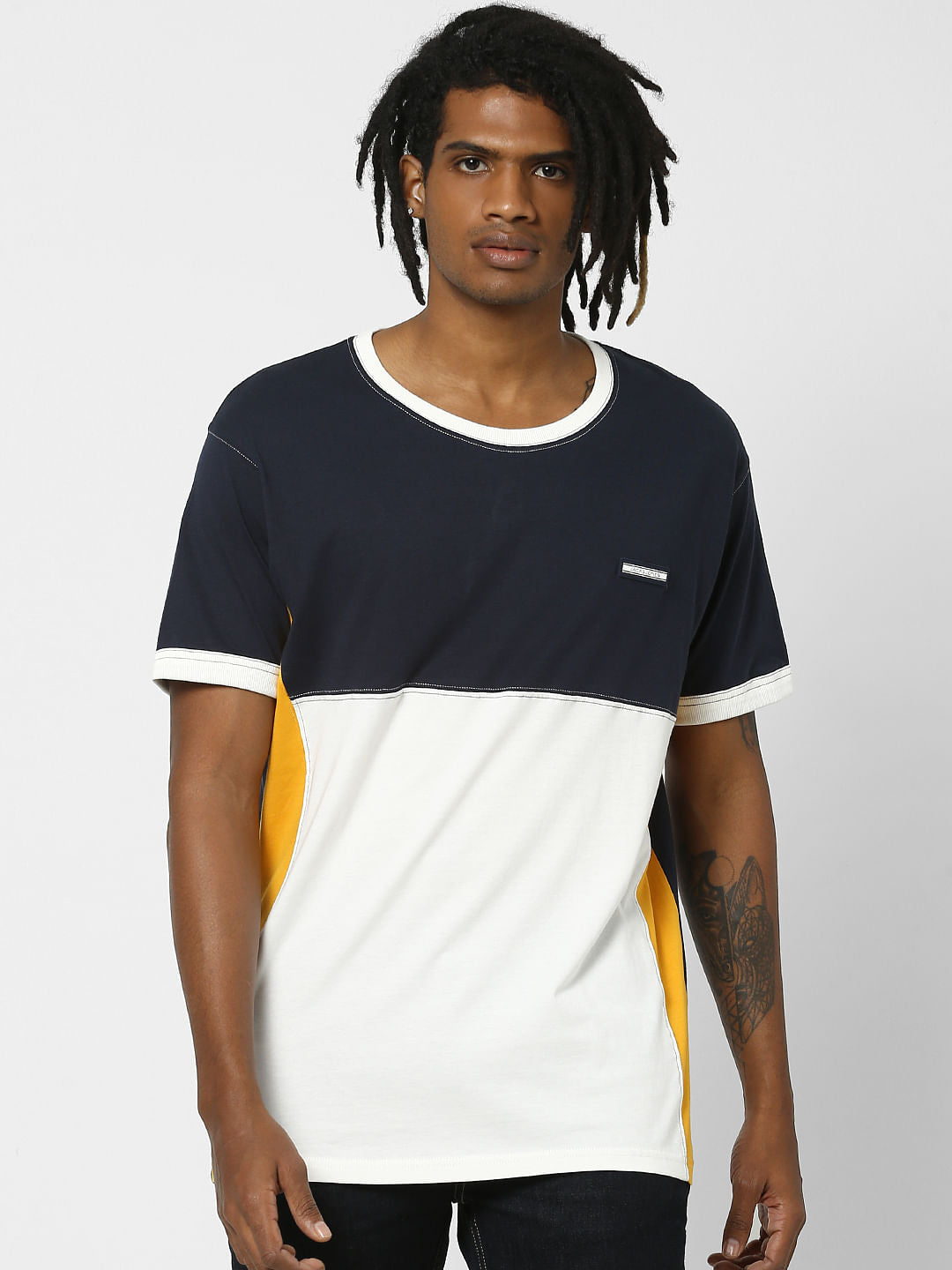 Navy Blue Colourblocked Crew Neck T-shirt