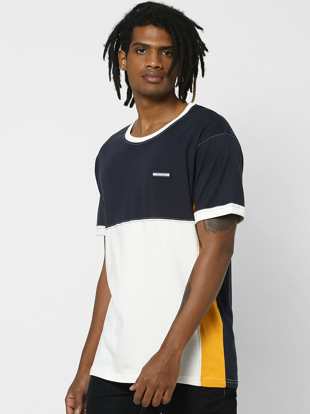 Navy Blue Colourblocked Crew Neck T-shirt