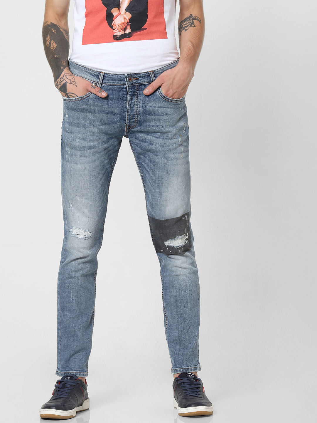 Light Blue Low Rise Patch Print Slim Fit Jeans