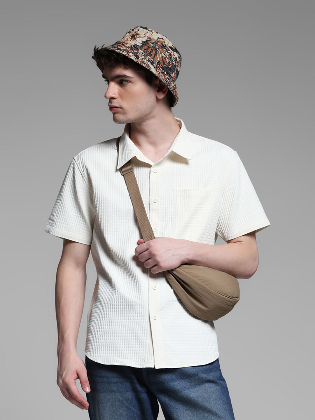 WHITE DOBBY CHECK SHIRT - S